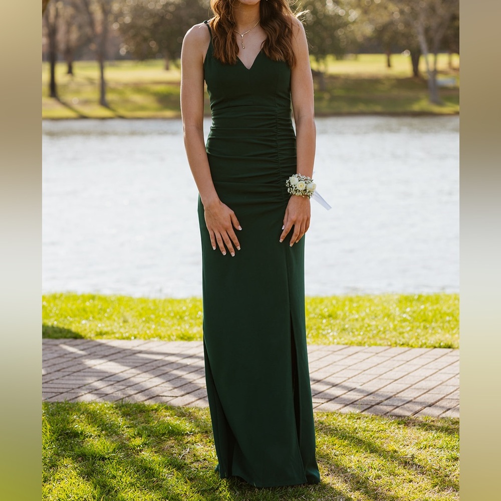 David’s Bridal Crepe Spaghetti Strap Gown with Ruching; Color: Emerald Sundae